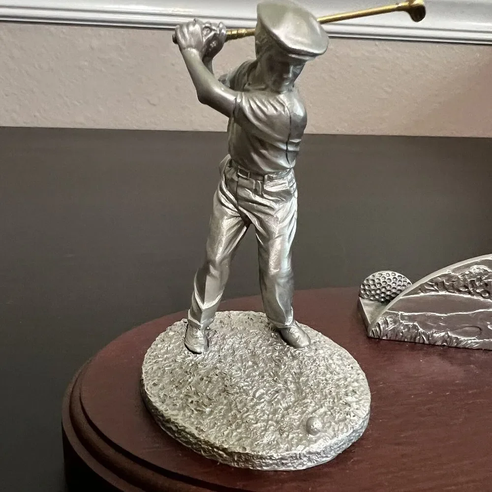 Vintage Golfer Business Card Holder Pewter Wood Office Golf Library W T Wilson‎